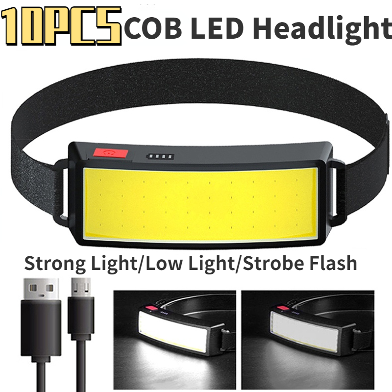 10PCS 휴대용 전조 등 COB LED 헤드 라이트 강력한 손전등 USB 충전식 500LM 헤드 램프 캠핑 하이킹 비상 토치